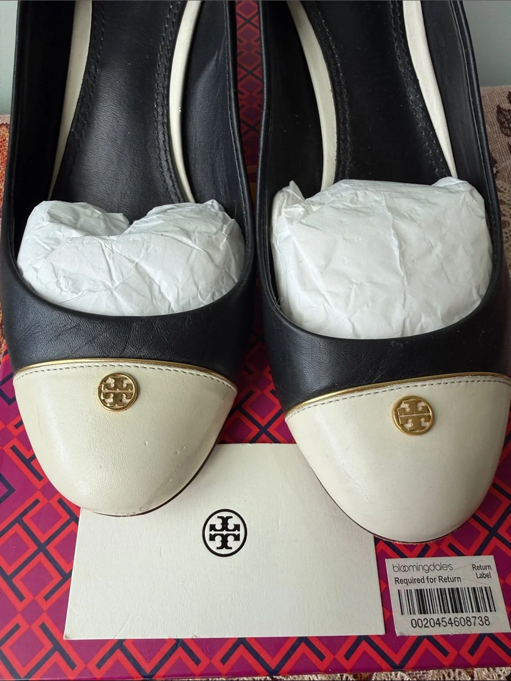 Tory Burch Black and Cream Cap-Toe Ballet Flats with Logo Medallion